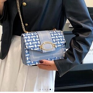 Elegant Blue and White Women's Tweed-Designed Crossbody or Shoulder Bag